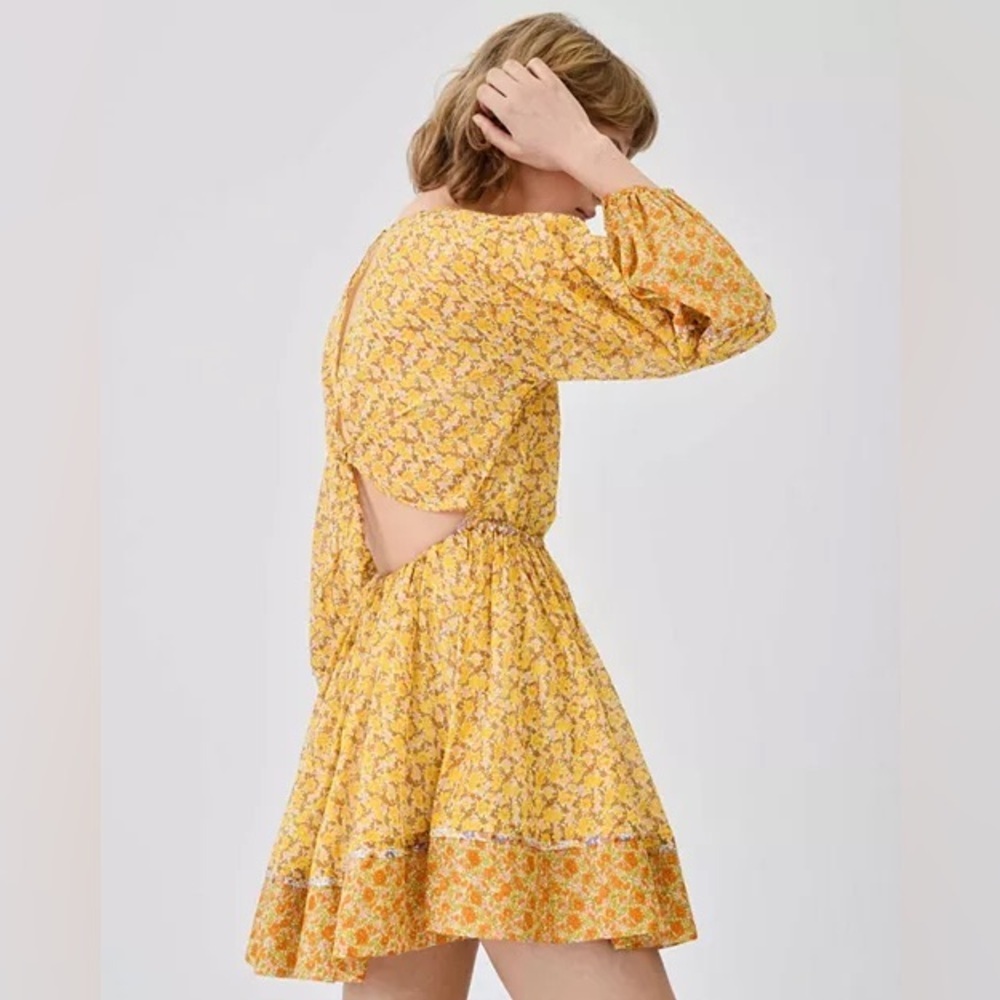 New! Maje Risso Yellow Floral Cut-Out Mini Long Sleeve Dress 🌼 Small - Picture 4 of 16